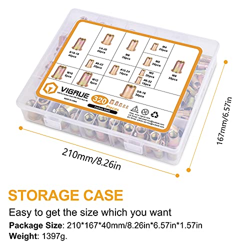 Vigrue 320Pcs Rivet Nuts Sae & Metric, Carbon Steel Zinc Plated Unc Nutsert Assortment, Rivnuts Nutserts 1/4"-20, 3/8"-16, 5/16"-18, 10-24, 6-32, 8-32 And M3 M4 M5 M6 M8 M10 M12 #TOP1
