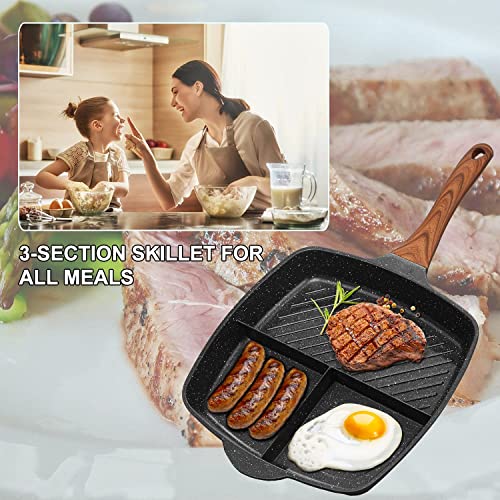 Aoorun Frying Grill Pan - Nonstick 3-In-1 Grill Pans For Stove Tops With Granite Coating & Solid Wood Handle, Induction Compatible, 11 Inch #TOP6