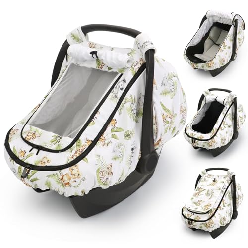 Image of Car Seat Cover for Baby, with Mesh and Zipper, Animals Green