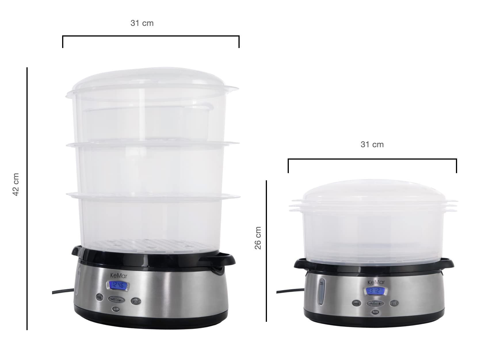 KeMar Dampfgarer 9 Liter 800W Edelstahl mit Timer Dampfgarbehälter Reisschale BPA-frei Stapelbar