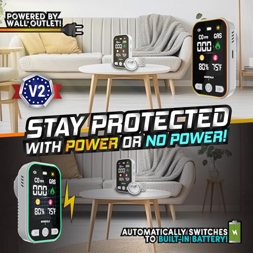 Image of Marcala Carbon Monoxide Detector | 2026 V2.0 4-in-1 Natural Gas & Carbon Monoxide Detectors Portable | Wall Plug-in with Backup Battery for Power Outages | Temp, Humidity, Gas & CO Alarm