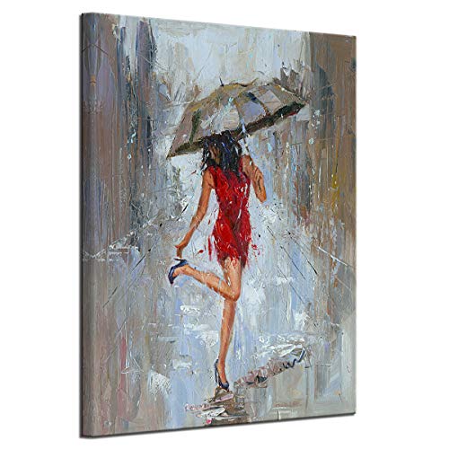 Abstract Canvas Print Rain Modern Wall Art Painting Girl Umbrella With Red Dress Walking In Street Figure Artwork #TOP1