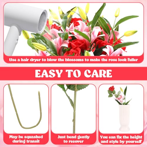 Hoemwarm JOLAUVFJ8645 18 Pcs Artificial Flowers Pink Lily And Red Roses,Fake Latex Lilies Plastic Tropical Silk Fake Red Rose Flower Bouquet Arrangement thumb #5
