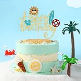 Sleyberoy Summer Sunshine Beach Happy Birthday Cake Topper -Glitter Hawaiian Beach Party, Pool Swim,