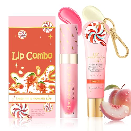 Lip Conditioner & Lip Oil Set - Natural Lip Care Set - Hydrating Nourishing Overnight Lip Balm for Dry Cracked Lips Repair - Lip Gloss Balm for Teenage Girls(Peach-pink)
