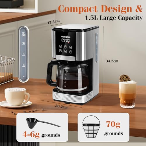 Aigostar Filter Coffee Machine with LED Touch Screen, 1.5L Programmable Coffee Maker with Timer, Regular & Strong Brewing, Pause & Serve, Keep Warm for 40min, Auto Clean, Stainless Steel, 1000W - Cora - Image 7