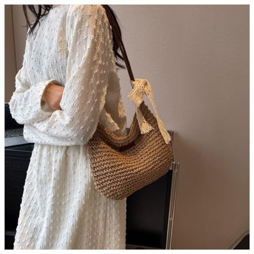Straw Bag Commuter Messenger Woven Bag Korean Fashion Beach Bag New Style Trend Ins Casual Straw Bag Straw Bags(Brown)3