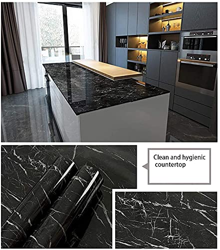 Image of FOKRIM Black Marble Self Adhesive Wall Stickers Oil-Proof Waterproof Peel & Stick Contact Wallpaper for Kitchen Living Room Office Table Home Decor Furniture Workshop (205.5CM X 60.5CM) (Black)