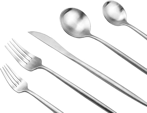 Miniatura 9 de Gugrida Cuchara plateada de diseño moderno, 6 piezas de acero inoxidable 304 mate de mango largo de 7.9 pulgadas, juego de cubiertos de campamento,