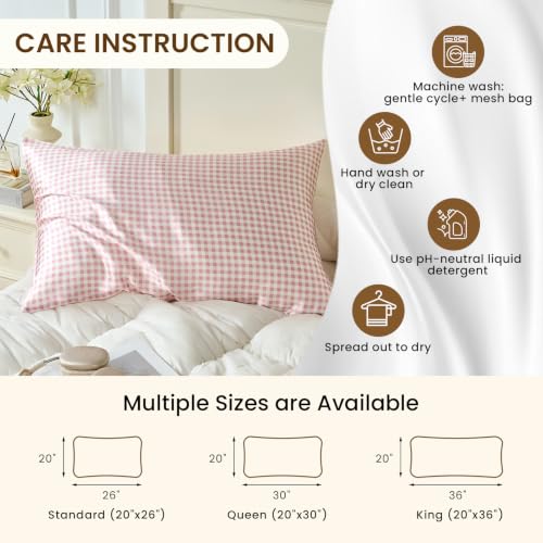 Image of THXSILK Set of 2 Mulberry Silk Pillowcase for Hair and Skin, Cooling Bed Pillow Cover with Hidden Zipper, Soft Smooth Print Silk Pillowcase Gifts for Women Men (King 20 inchx36 inch, Pink Plaid)