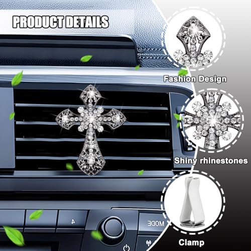 Image of Bling Cross Car Air Vent Clip, Crystal Rhinestone Sparkling Vehicle Air Conditioner Outlet Clamp Charm, Dazzling Diamond Automotive Vent Decoration Clip, Universal Fit (Black)