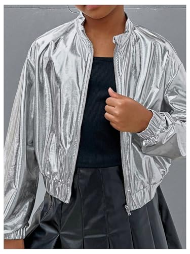 Floerns Girl's Long Sleeve Metallic Jackets Zip Up Collared Neck Street Jacket Coat2
