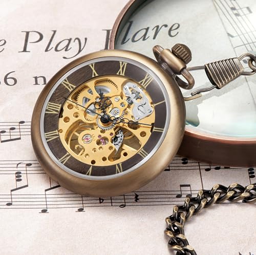 Image of ShoppeWatch Mens Pocket Watch with Chain | Classic Hand Wind Mechanical Movement | Open Face Pocketwatch ad Chain - 1920s Railroad Steampunk Costume Accessory