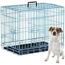24 Inch Dog Crate Double Door Folding Metal Wire Dog Kennel Cage with Divider Panel & Leak Proof Plastic Tray for Small Dogs Indoor and Outdoor Portable Dog Cage,Pink Blue