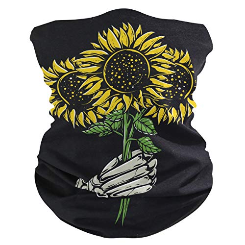 MOYYO Skeletons Hands Holding Sunflower Face Sun Dust Mask Bandanas Seamless Elastic Head Wrap Neck Gaiter Magic Scarf Headband for Festivals Running Cycling Indoor Outdoor Sport