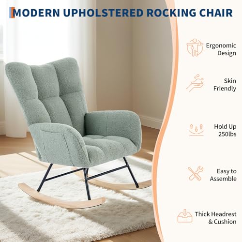 Image of Teddy Upholstered Rocking Chair for Nursery, Fluffy Glider Rocker for Adults - Ideal for Small Spaces, Perfect Nursing Chair for Living Room, Bedroom, Green