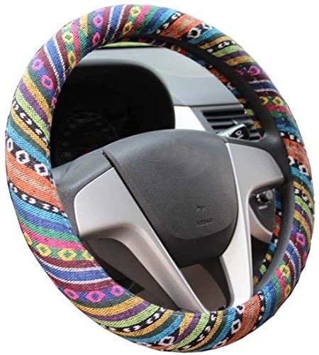 Istn Ethnic Style Coarse Flax Cloth Automotive Steering Wheel Cover Anti Slip and Sweat Absorption Auto Car Wrap Cover (C, 15.25''-16'')