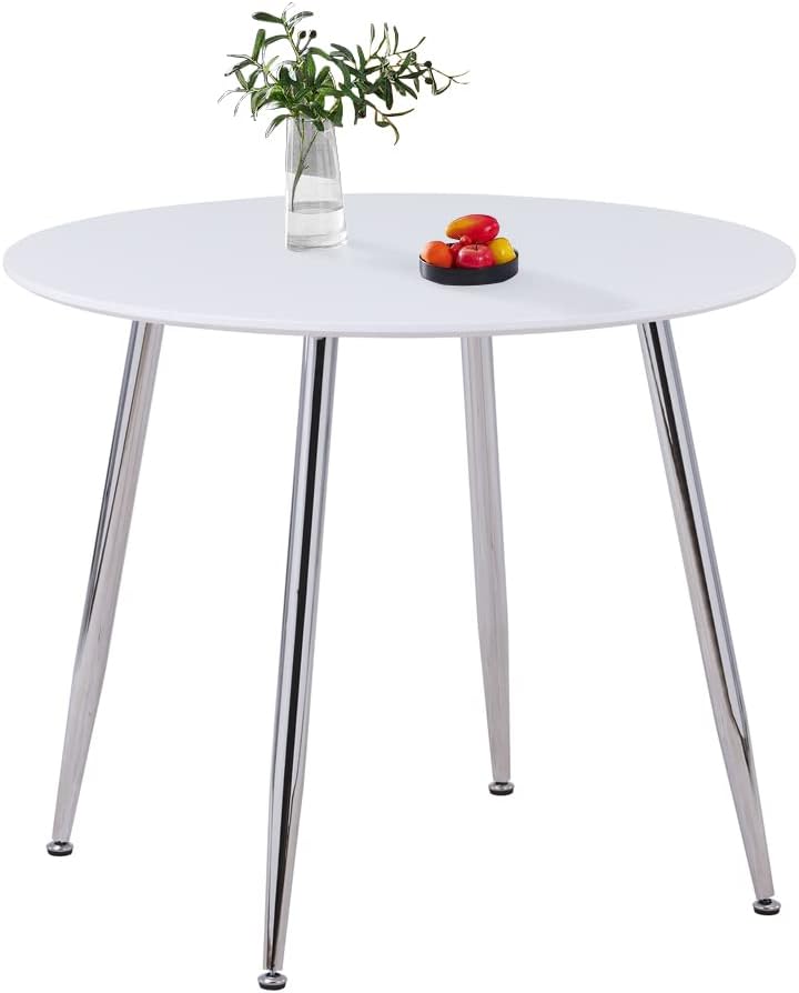 GOLDFAN Round Dining Table Modern High Gloss Kitchen Table with Chrome