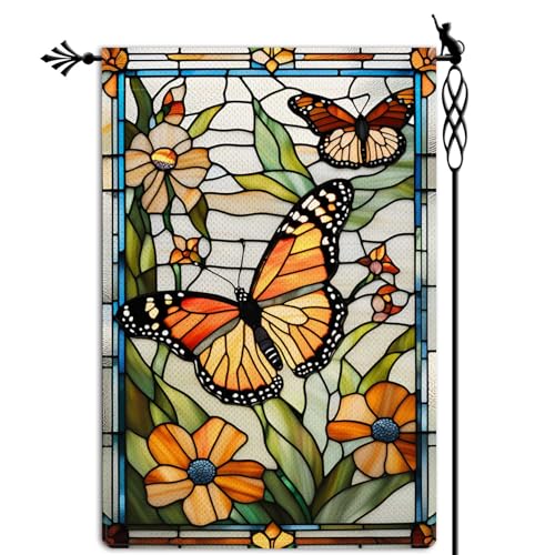 Jauageon Spring Butterfly Garden Flag Stained Glass Style Spring Summer Floral Flowers Garden Flag Vertical Double Sided Rustic Farmland Burlap Yard Lawn Outdoor Decor 12.5x18'