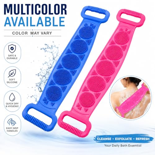 Image of HINOX Silicone Body Back Scrubber Belt for Bath | Soft Exfoliating Silicone Bath Belt for Back Cleaning & Shower Use | Waterproof Reusable Body Scrubber Strap | Flexible Bath Scrubber | Multicolor (1 Piece)