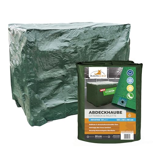 RAINEXO® Gitterbox & Paletten Abdeckhaube | Abdeckplane Grün | 125 x 85 x 98 cm | Wasserdicht, Frost & UV-beständig