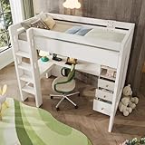 Rtopsu Hochbett Kinderbett 90×200 cm mit Schreibtisch und USB-C, Bett mit Regal und Schubladen Stauraum, Etagenbett mit Leiter, Holzbett mit Rausfallschutz und Lattenrost aus Holz, Weiß, Ohne Matratze