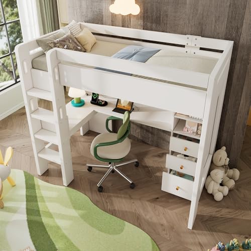 Rtopsu Hochbett Kinderbett 90×200 cm mit Schreibtisch und USB-C, Bett mit Regal und Schubladen Stauraum, Etagenbett mit Leiter, Holzbett mit Rausfallschutz und Lattenrost aus Holz, Weiß, Ohne Matratze