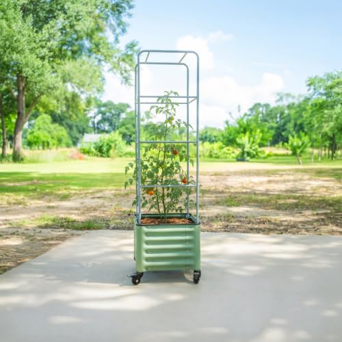 Image of Vego garden Classic Rolling Cube Tomato Planter with Metal Cage & Wheels, 30 Gallon Rolling Planter for Tomatoes, Peppers & Beans, 21 inch x 21 inch x 19 inch, 54 inch Plant Support Cage-Olive Green