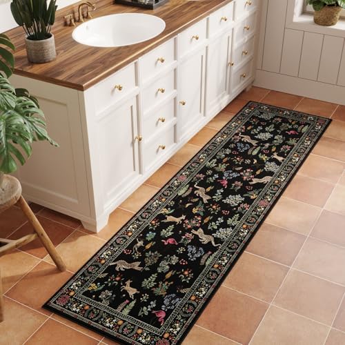 Runner Rug for Kitchen Rug Non Slip 2'6''x8' Washable Rugs with Rubber Backing Soft Floral Animal Carpet Runner for Kitchen, Laundry, Bedroom, Bathroom (Black)