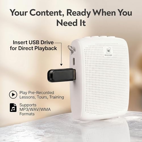 Image of WinBridge WB002 Wireless Voice Amplifier with Bluetooth Headset Mic | Teacher Microphone for Classrooms, 15W Voice Amplification, One-Touch Mute, USB Playback, 12-15 hr Battery, Lightweight White