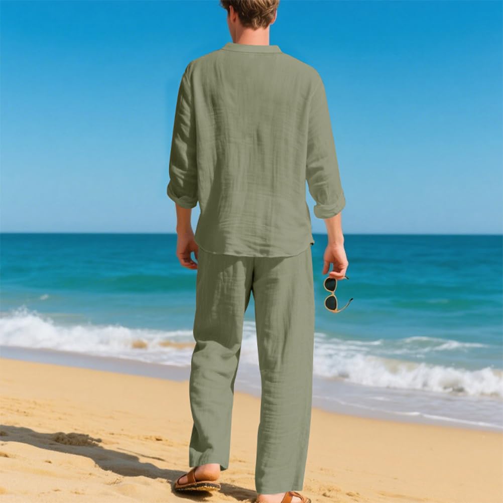 Hombre 2 Piezas de Algodón y Lino Mangas Larga Camisa Moda Camiseta + Pantalones de Playa Deportivos Pantalón Completo Casual Traje Conjuntos Primavera Verano