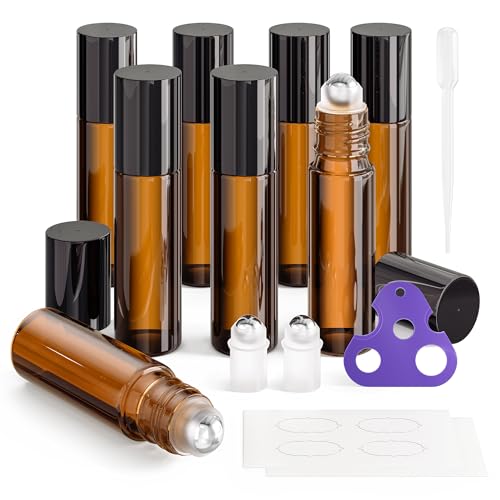 ULG 8-Pack Essential Oil Roller Bottles 10ml Empty Bottles with Stainless Steel Roller Balls and Waterproof Labels Roller Balls For Essential Oils Amber