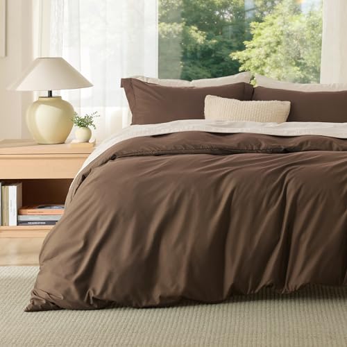 Image of Bedsure Duvet Cover Queen Size - Soft Double Brushed Bedding Set for Kids & Adults, Zipper Closure, 3 Pieces, Includes 1 Duvet Cover (90 inchx90 inch) & 2 Pillow Shams, NO Comforter, Dark Brown