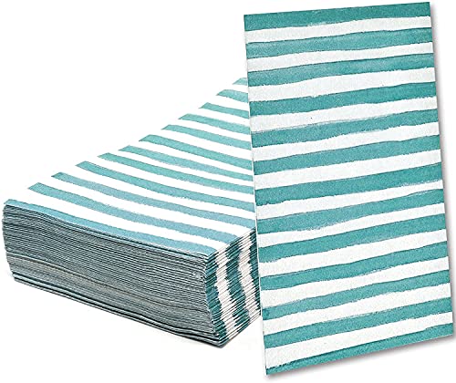 100 Teal & White Stripe Guest Napkins 3 Ply Disposable Paper Pack Aqua Blue Striped Dinner Hand Napkin For Bathroom Powder Room Wedding Holiday Birthday Party Bridal & Baby Shower Decorative Towels #TOP1