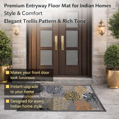 Image of Matz & More Nylon Tufted Gel Baking Anti-Slip Floor Mat | 40 x 60 cm | Grey & Orange Floral Design | Doormat for Home Entrance, Kitchen & Bedroom