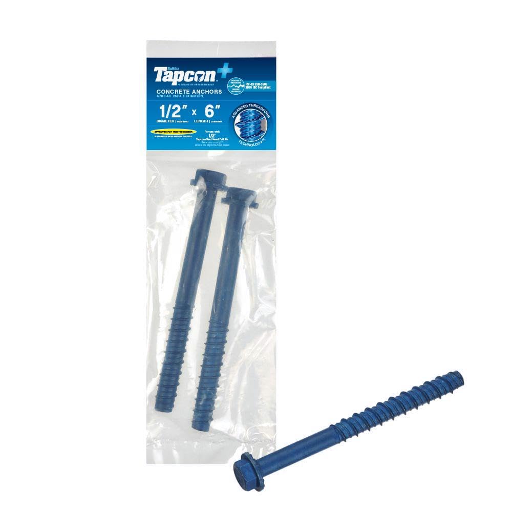 Tapcon+ 1/2 x 6 Inch Heavy-Duty Hex Head Concrete Anchors, 2 PCS, Corrosion Resistant Blue Climaseal™ Coating, Outdoor Rated Use, Concrete Block &amp; Masonry Brick Screws, Drill Bit Sold Separately