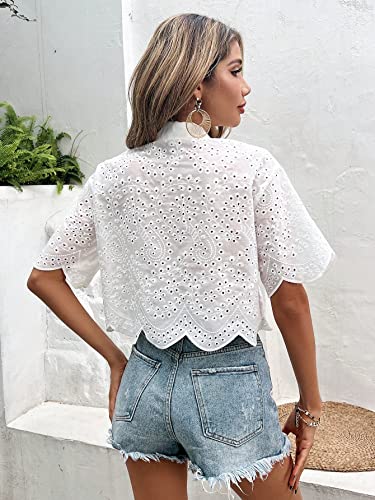 SweatyRocks Women's Short Sleeve Button Down Eyelet Crochet Shirt Asymmetrical Hem Crop Top Blouse2
