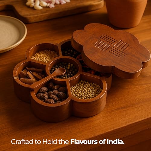 Image of Ikari Homes Wooden Masala Box, Round Shape Spice Container with 7 Compartments and Lid I Healthy & Plastic Free I Magnetic Closure I Hand crafted Carved Design I Big Size 10 in x 4 in