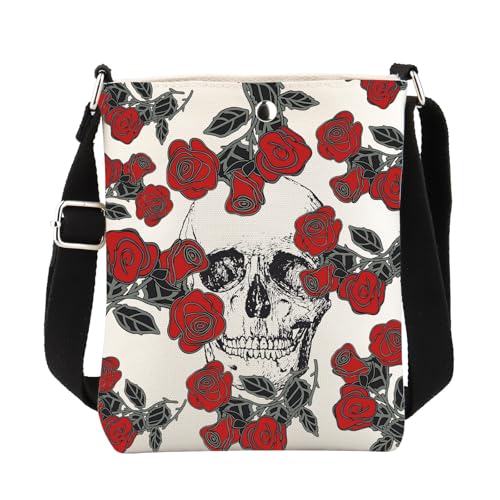 FUSTMW Skull Crossbody Bag - Skeleton Lover Gifts with Rose Print, Purse, Shoulder Strap