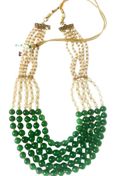 Image of Multi-Strand Pearl and Green Jade Beaded Necklace, Traditional Indian Style, Gold-Toned Accents, 5-Layer