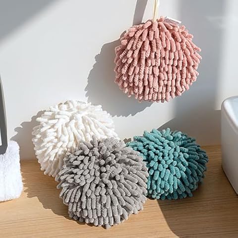 Nuipesn Soft Absorbent Chenille Ball Towel Sets,Absorbent Hanging Hand Towel Ballwith Hanging Loop Plush, Quick-Dry Fuzzy Ball Hand Towel Set of 4 Colors for for Bathroom, Kitchen, Bedroom Cover