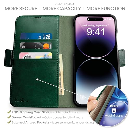 Image of dreem Fibonacci Compatible with iPhone 14 Plus Wallet case / 2-in-1 Shockproof case and Detachable Vegan Leather Folio, MagSafe Compatible, RFID Protection [Green]