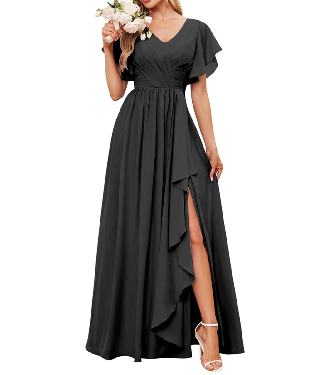 Wseyu Women's Black Floor Length Homecoming Dresses Solid Chiffon Formal Evening Ball Gowns Pleats Graduation Party Gowns Uk8
