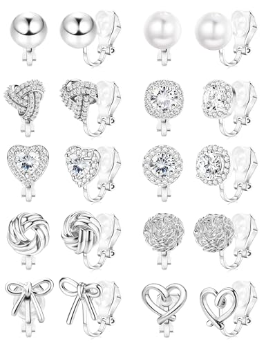 Florideco 10 PCS Clip on Earrings for Women Silver Plated Cubic Zirconia Clip On Stud Earrings Non-Pierced Twist Knot Simulated Pearl Heart Earring Set