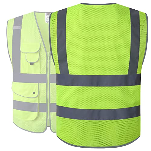 Image of JKSafety 9 Pockets High Visibility Safety Vest for Men and Women, Hi-Vis Reflective Yellow Safety Vests with Zipper Front, Meet ANSI /ISEA Class 2 Type R(159-Yellow 5XL)