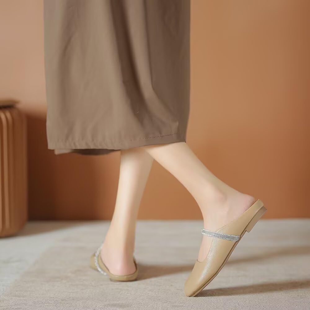 VFDB Women Mules Elegant Dressy Flats Closed Toe Microfiber Leather Shoes Adjustable Buckle Strap Mary Jane Casual Office Shoes
