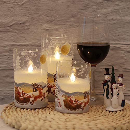 Image of Wondise Santa Claus Glass Flameless Candles Remote and Timer, Battery Operated Real Wax LED Flickering Pillar Candles White Cold Light Window Christmas Holiday Decor D3 x H4, 5 inch, 6 inch