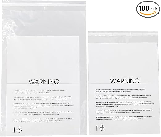 12” X 15” (100 Count) Clear Poly Bags with Suffocation Warning for Packaging, T Shirts & Mailing - Permanent Adhesive (100 Count 12''x15'')