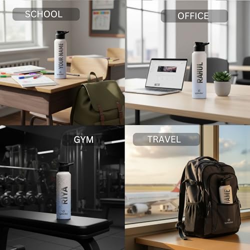Image of Speedex Engraved Name Stainless Steel Sipper Water Bottle 1 Ltr - Customised Personalised Bottle for Kids & Adults, School, Gym, Sports, Black, Set of 1 (Pink Blue, Set Of 1)