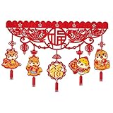 ABTOLS Chinese New Year Garland Good Luck Garland Chinese Spring Felt Red FU Character String Garland Lunar Chinese New Year 2025 Party Decorations 2025 Snake New Year Red Hanging Garland